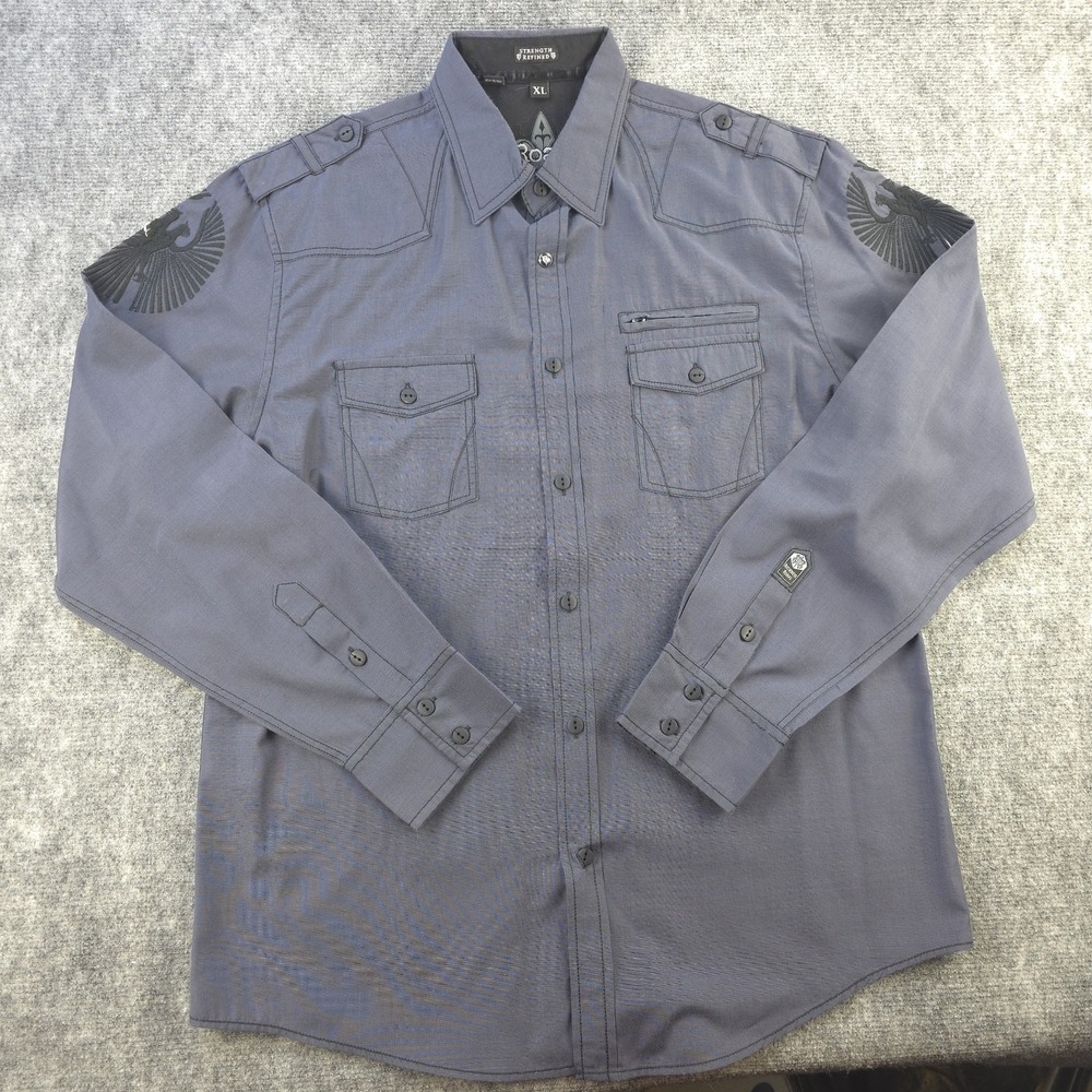 Roar Shirt XL Long‎ Sleeve Button Up Blue / Gray Embroidered Pockets Grunge